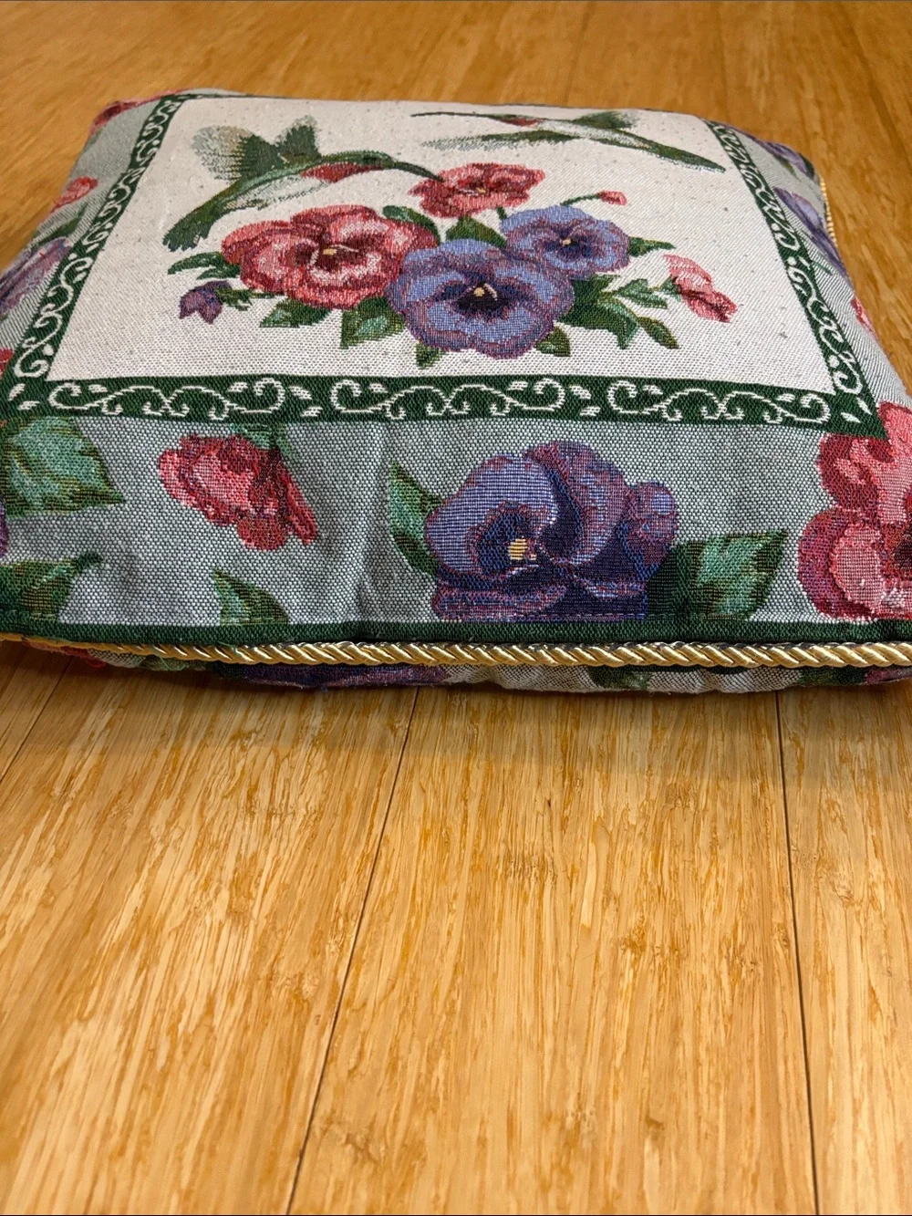 Vintage Hummingbird Tapestry Throw Pillow Floral Border 18x18 cottagecore
